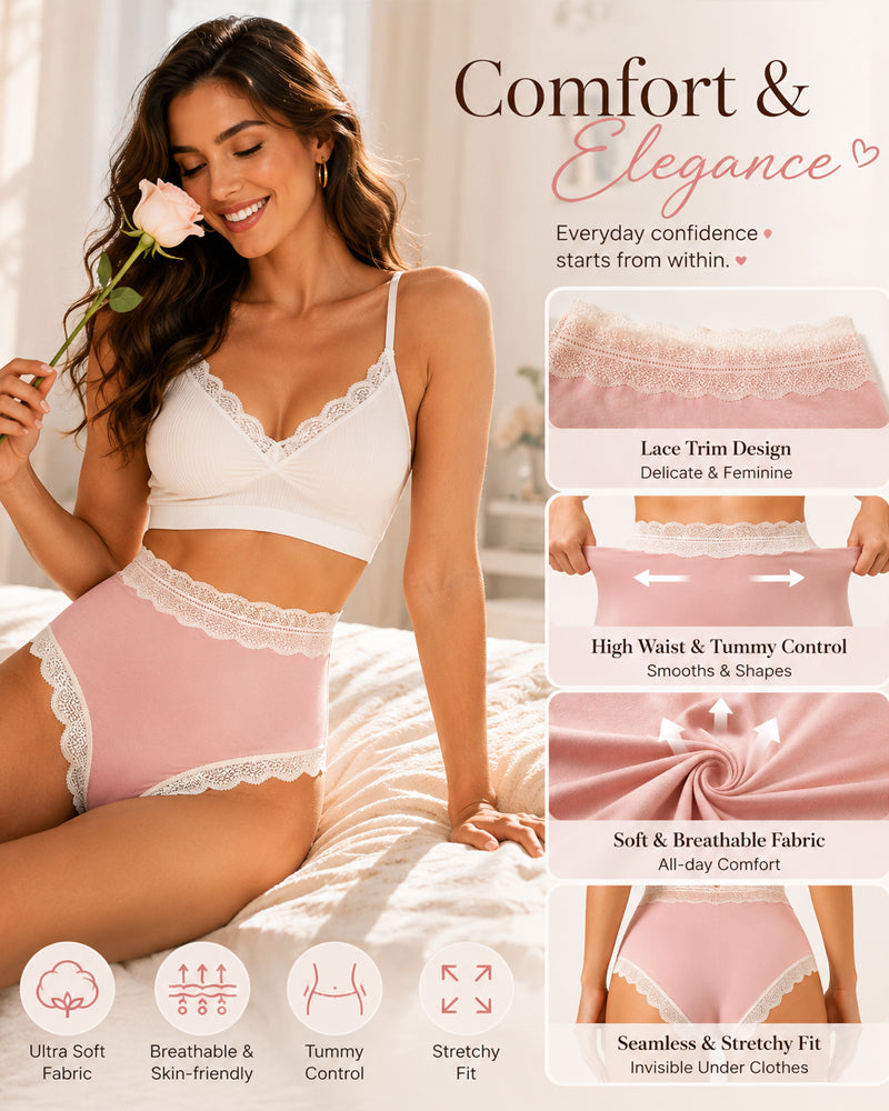 Pure Cotton High Waisted Seamless Lace-trimmed Panties