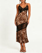 Sexy Leopard See-through Lace Patchwork Bodycon Long Slip Dress