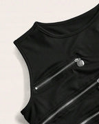 Black Sexy Irregular Zipper Cutouts Sleeveless Top