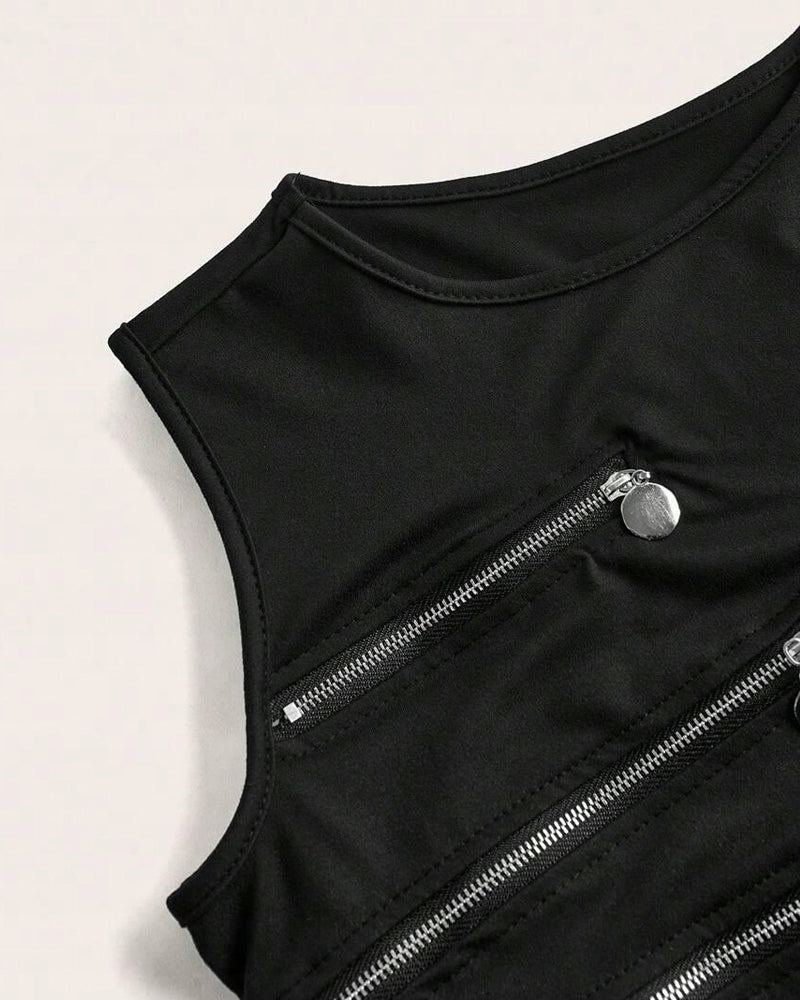 Black Sexy Irregular Zipper Cutouts Sleeveless Top