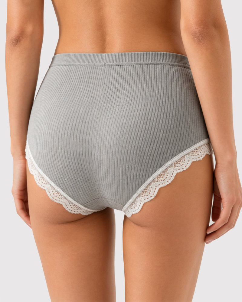 High Waisted Pure Cotton Ribbed Lace-trim Panties