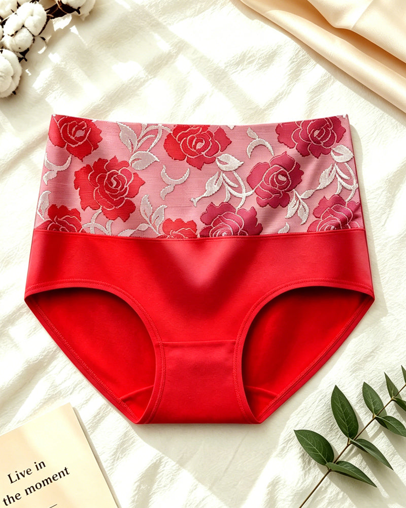 High Waisted Floral Colorblock Printed Pure Cotton Briefs