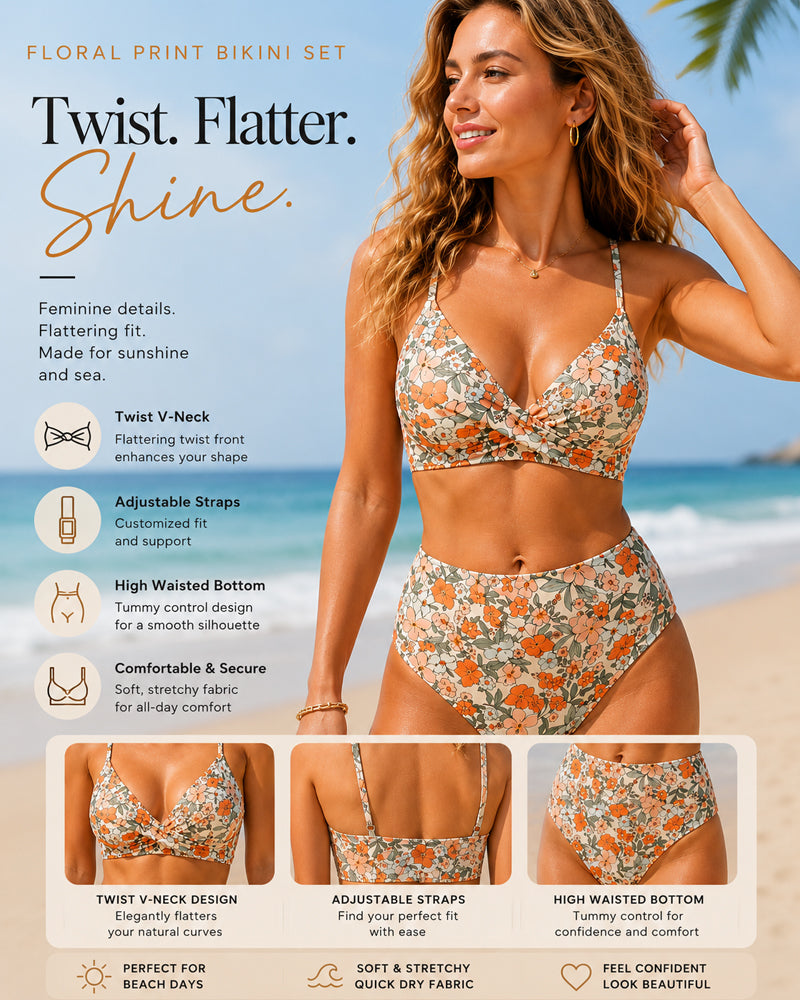 Floral Print Knotted V Neck High-waisted Bikini Set