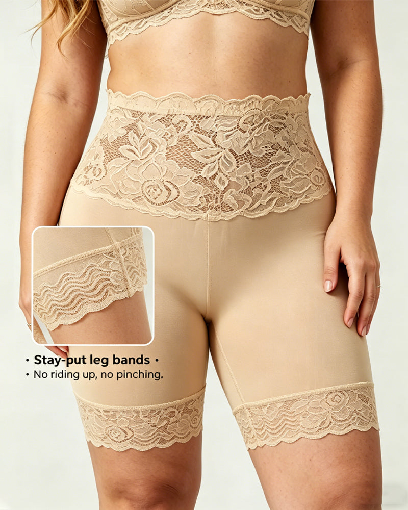 Women's High-Waisted Seamless Tummy Control Lace-Trimmed Elastic Shaping Shorts