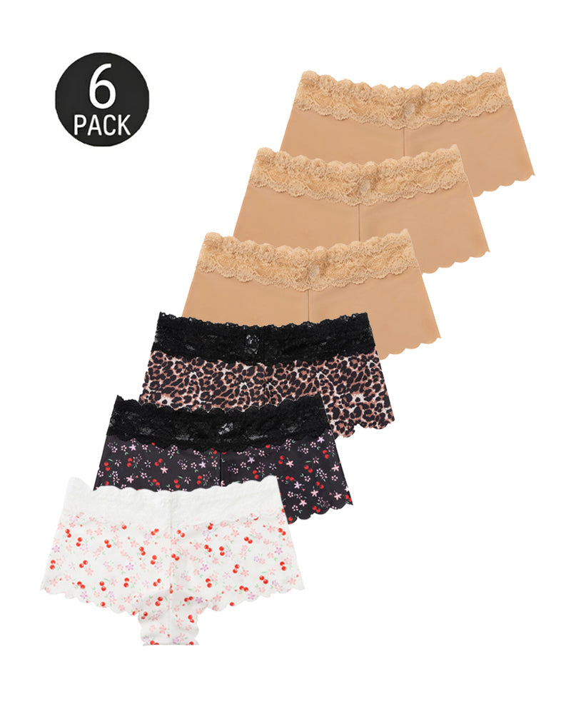 Six-Pack Seamless Ice Silk Lace Trim Print Boxer Briefs