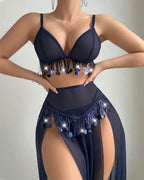 Sexy Sheer Mesh Tassel-decorated Deep V-neck Top and High-slit Long Skirt Lingerie Set