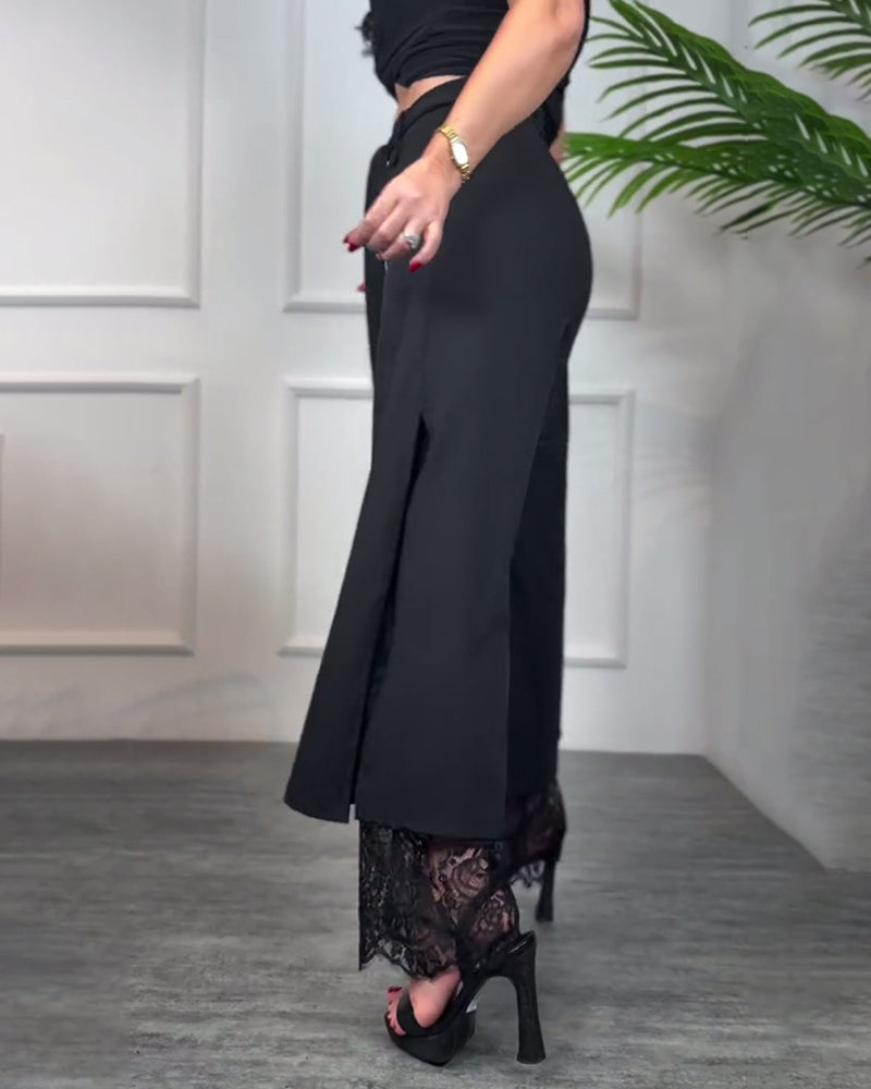 Casual Solid Color Side Slits Lace Trim Drawstring Waist Wide-leg Pants