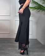 Casual Solid Color Side Slits Lace Trim Drawstring Waist Wide-leg Pants