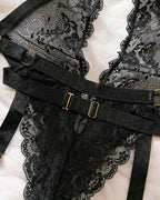 Sexy Deep V-neck Halter Neck Lace Sheer Bodysuit with Garter Belt and Gloves Lingerie Set