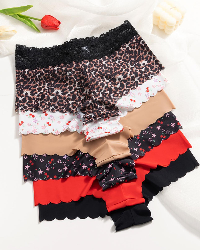 Six-Pack Seamless Ice Silk Lace Trim Print Boxer Briefs