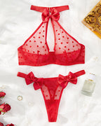 Sexy Halter-neck Heart-shaped Sheer Mesh Bowknot Decoration Lingerie Set