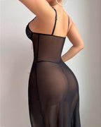 Sexy Lace Mesh Sheer High-slit Waist-shaping Long Nightgown