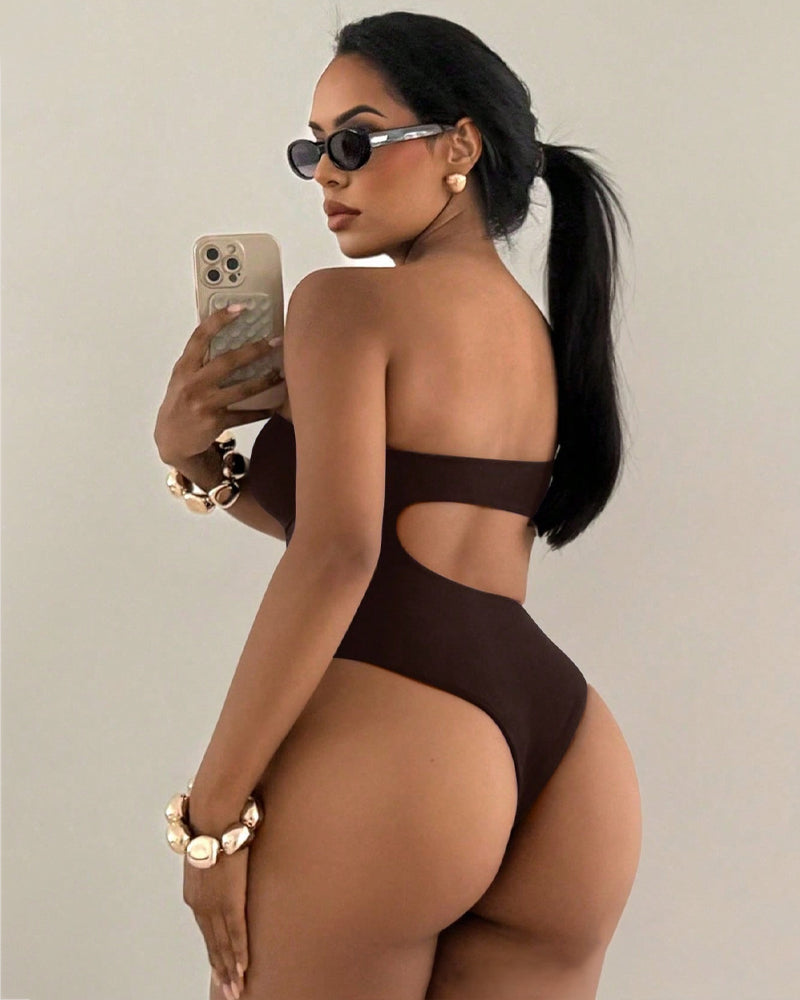 Off-shoulder Cutout Backless Solid Color Sexy One-piece Swimsuit