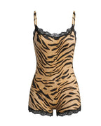 Retro Animal Print Lace Trim Stretch Sleeveless Seamless Bodysuit