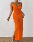 Women's Vacation Beach Knitted Deep V-neck Slit Backless Spaghetti Strap Long Cover-up Dress