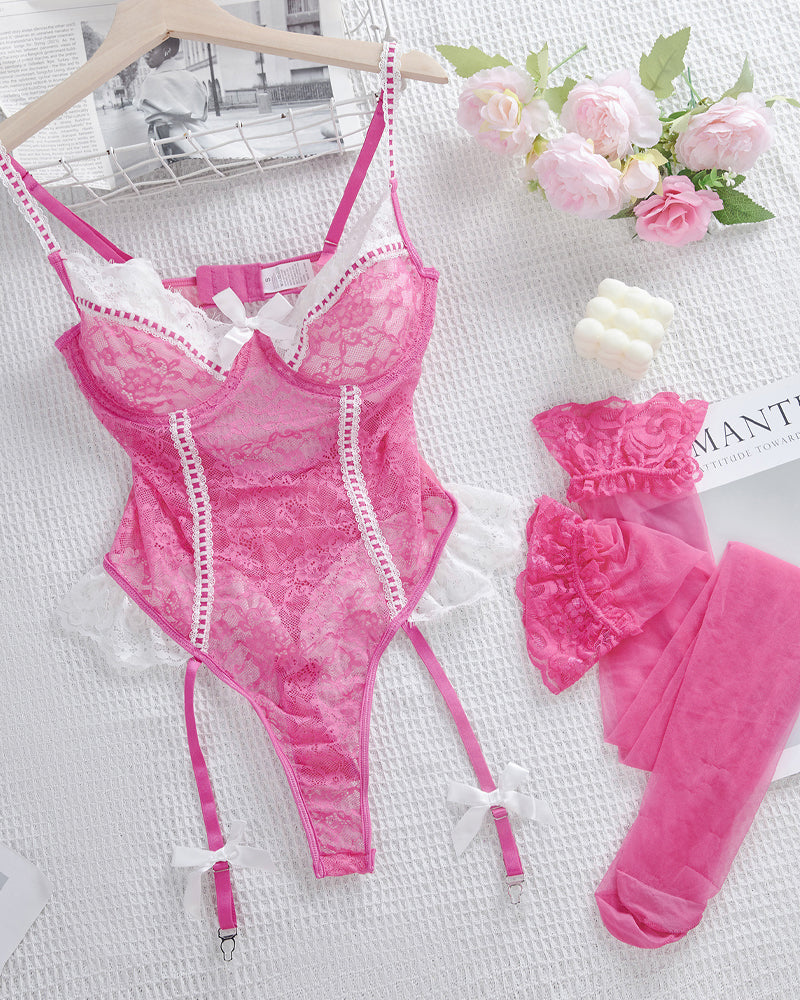 Sexy Colorblock Floral Lace See-through Bodysuit with Stockings Set