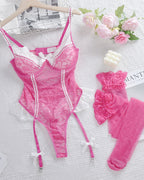 Sexy Colorblock Floral Lace See-through Bodysuit with Stockings Set