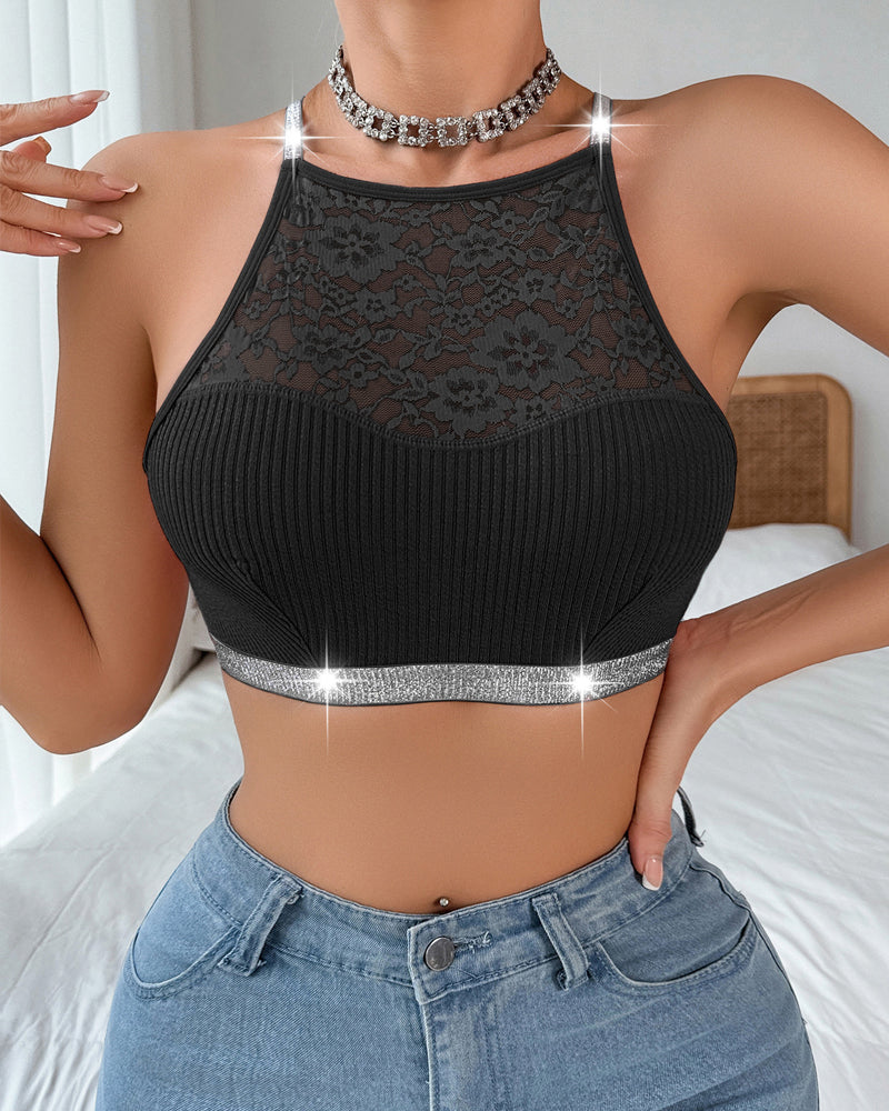 Halter Neck Silver Ribbon Lace Patchwork Backless Vest Bra