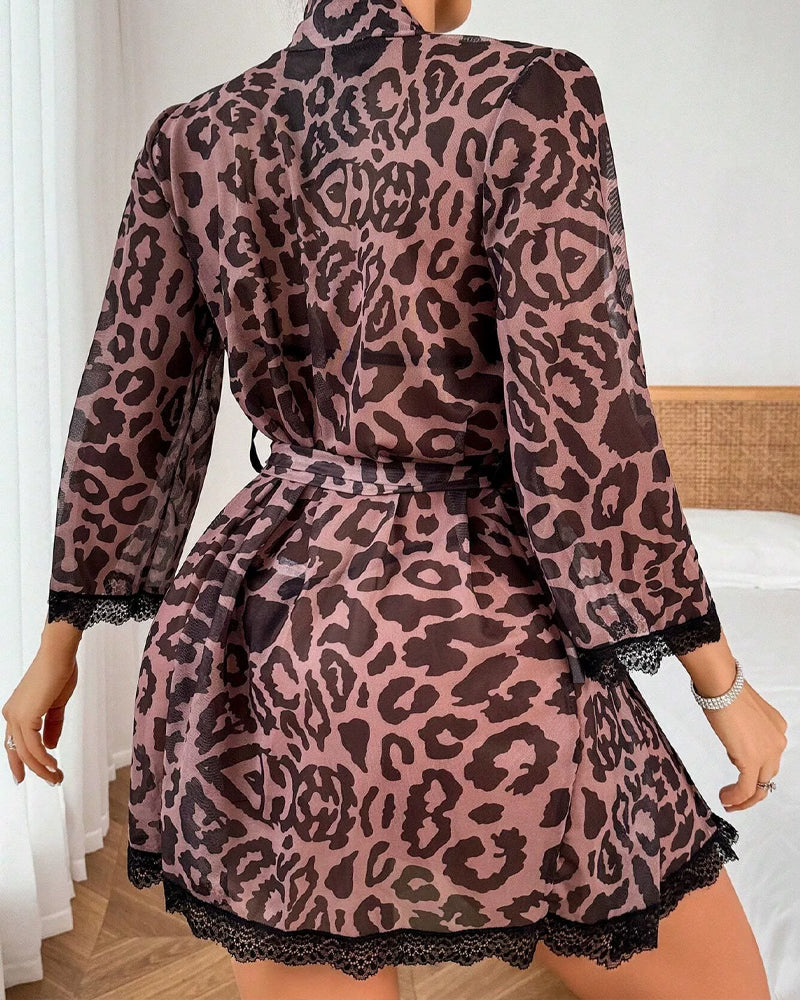 Sexy Leopard Print Mesh Halter Bikini and Robe Set