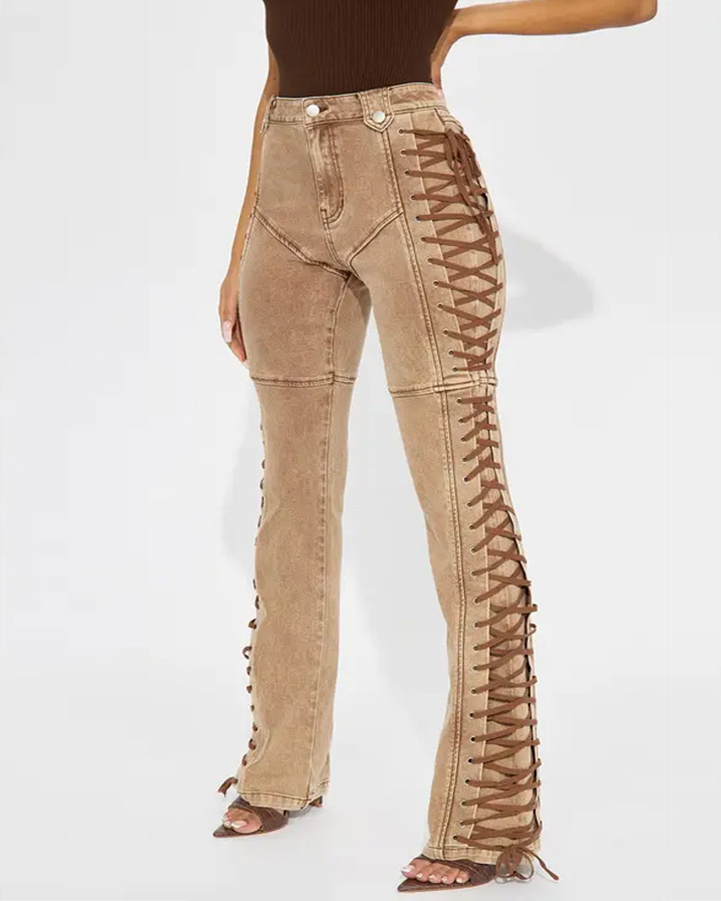 Fashion Side Drawstring Flared Jeans
