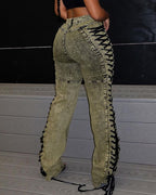 Fashion Side Drawstring Flared Jeans