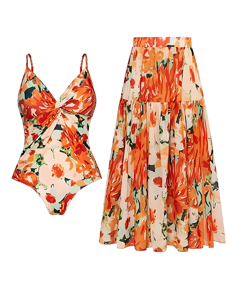 Deep V Floral Print One-Piece Swimsuit and Long Skirt Set