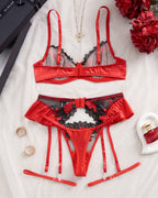 Floral Embroidery See-Through Mesh Colorblock Lingerie Set