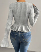 V-neck Ruffled Slim-fit Flared Long-sleeve Stretchy Knit Top