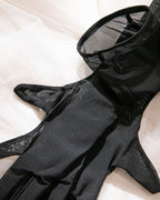 Sexy Deep V-neck Halter Neck Lace Sheer Bodysuit with Garter Belt and Gloves Lingerie Set