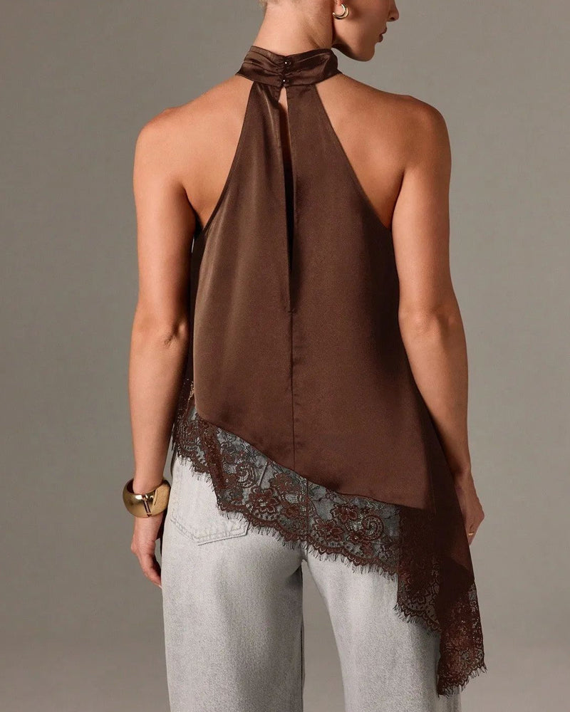 Women's Sleeveless Lace-trimmed Asymmetrical Halter Neck Satin Breathable Top