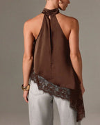 Women's Sleeveless Lace-trimmed Asymmetrical Halter Neck Satin Breathable Top