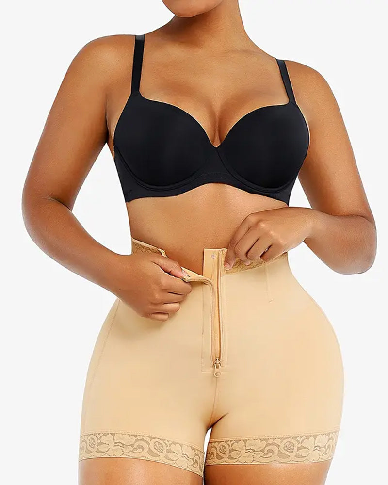 Women's Lace-trimmed Zipper Hook-eye Tummy Control Hip-lifting Shaping Shorts