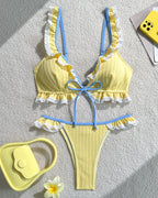 Deep V-neck Strappy Ruffled Beach Vacation Bikini