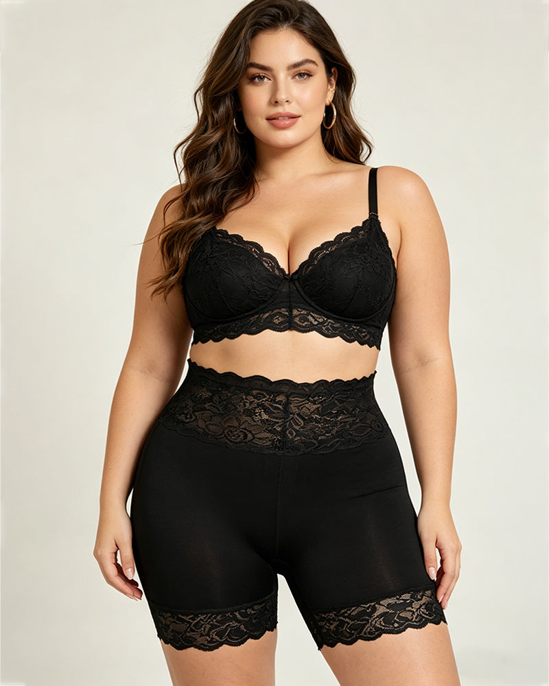Women's High-Waisted Seamless Tummy Control Lace-Trimmed Elastic Shaping Shorts