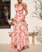 V Neck Halter Back Ruffle Strap Floral Beach Holiday Dress
