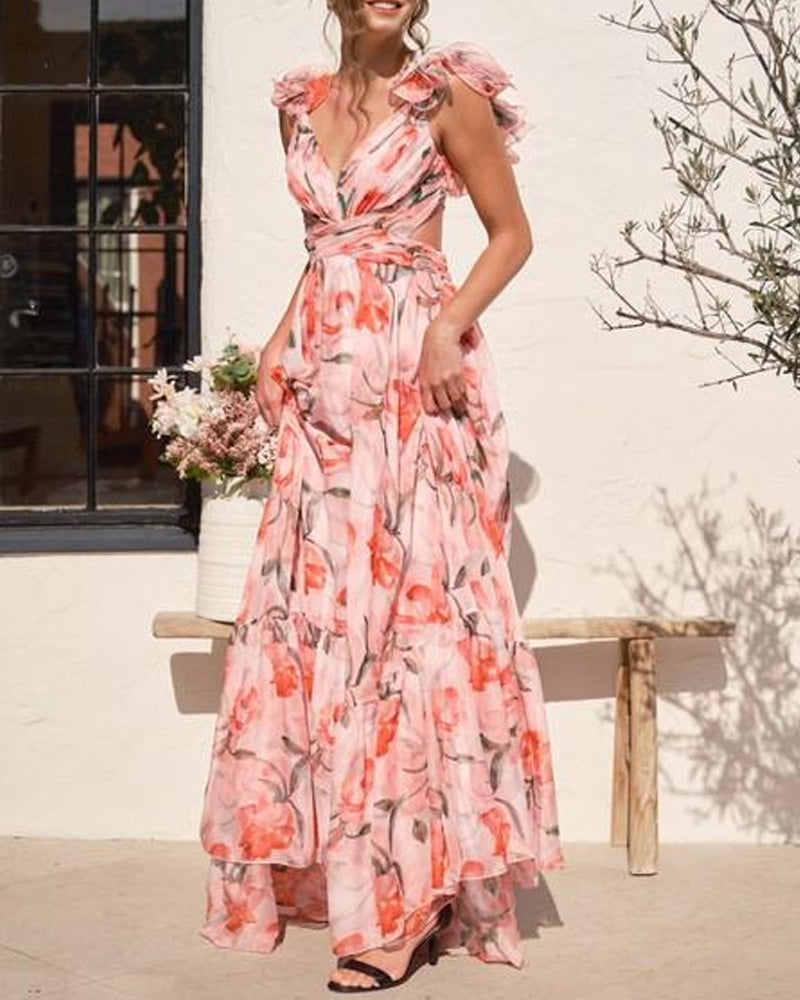 V Neck Halter Back Ruffle Strap Floral Beach Holiday Dress