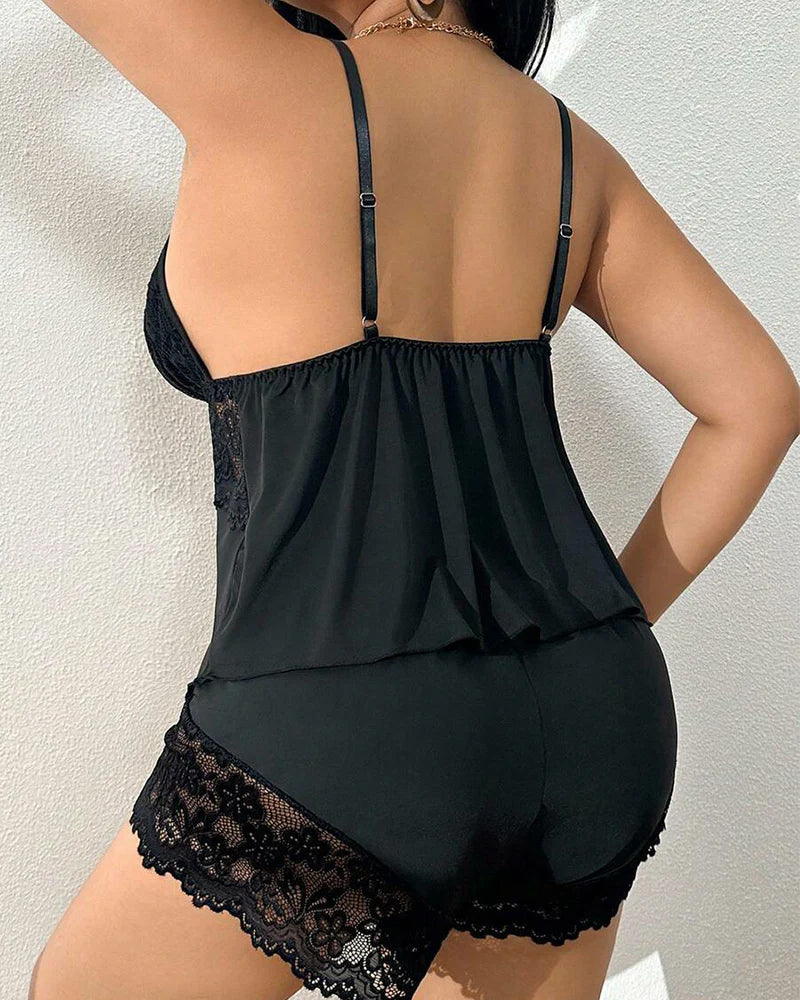 Plus Size Lace Satin V-Neck Camisole and Shorts Pajama Set