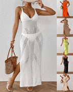 Women's Vacation Beach Knitted Deep V-neck Slit Backless Spaghetti Strap Long Cover-up Dress