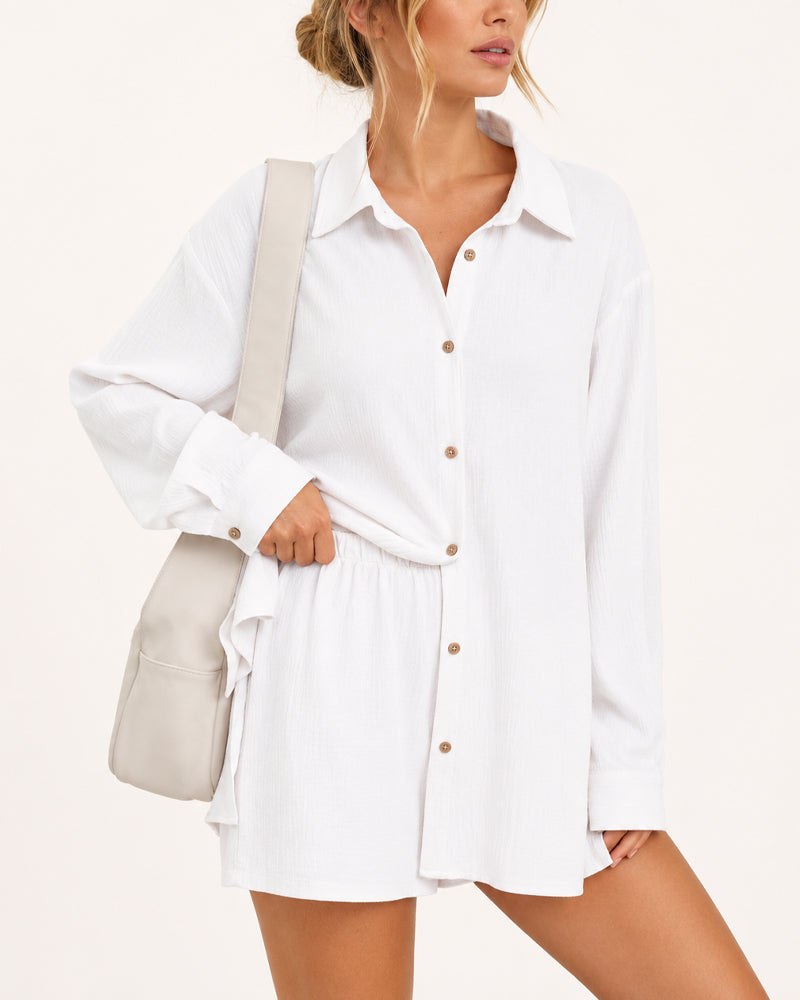 Casual Loose Long Sleeve Shirt and Shorts Set