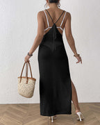 Women's Vacation Beach Knitted Deep V-neck Slit Backless Spaghetti Strap Long Cover-up Dress