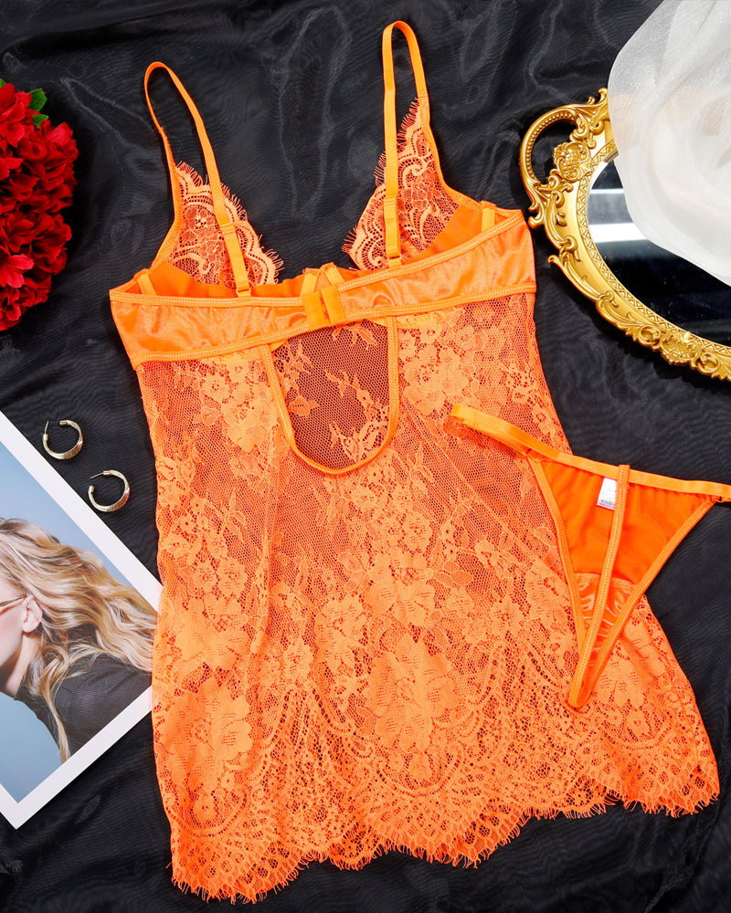Sexy Lace Sheer Push-up Camisole Nightgown and Thong Set