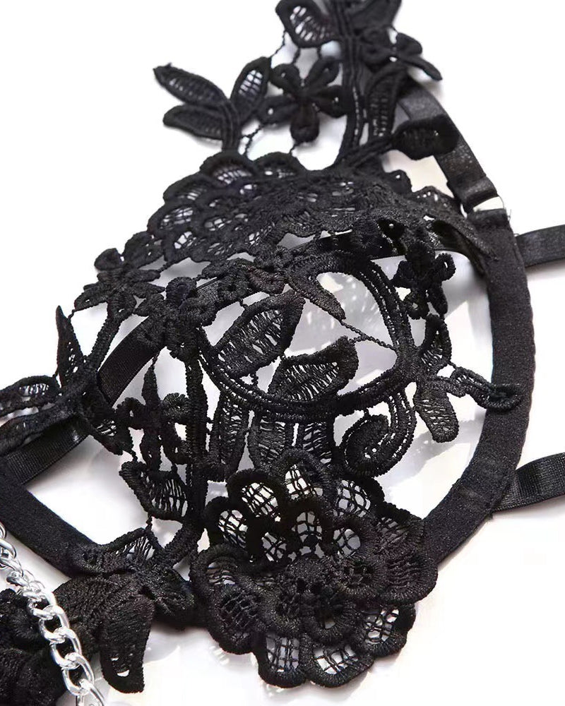 Sexy Punk-Style Metal Chain Floral Embroidered Lingerie Set