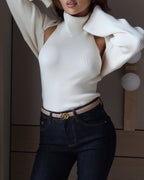 High-neck Sexy Backless Buckle Closure Knitted Vest and Long-Sleeved Cardigan Two-piece Set