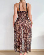 Leopard Print Sexy See-through High-slit Camisole Nightgown Set